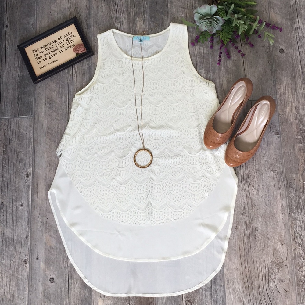 Sheer lace hi/lo long cream tank